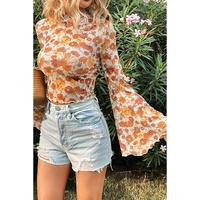 Orange Floral Printed Bell Sleeve Mock Neck Scallop Trim Blouse - L thumbnail