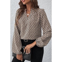 Khaki Geometric Print Notched Neck Puff Sleeve Blouse - L thumbnail