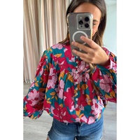 Red Floral Printed Balloon Sleeve Half Buttons Blouse - L thumbnail