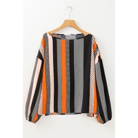 Orange Polka Dot Vertical Striped Printed Puff Sleeve Blouse - L thumbnail