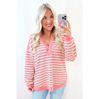 Pink Stripe Buttoned V Neck Collared Drop Shoulder Top - L thumbnail