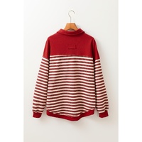 Red Stripe Buttoned V Neck Collared Drop Shoulder Top - L thumbnail