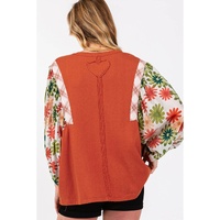 Desert Gold Floral Puff Sleeve Patchwork Round Neck Blouse - L thumbnail