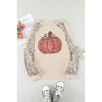 Khaki Thanksgiving Pumpkin Graphic Leopard Raglan Sleeve Top - L thumbnail