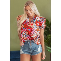 Brown Flower Print Self Tie Frilled Collar Puff Sleeve Blouse - L thumbnail