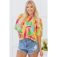 Multicolour Abstract Print Keyhole Back Pleated Half Sleeve Blouse - M thumbnail