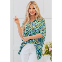 Green Abstract Print V Neck Half Sleeve Loose Fit Tunic Blouse - L thumbnail