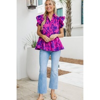 Rose Floral Print Collared Button Neckline Flutter Sleeve Blouse - L thumbnail