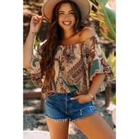 Apricot Paisley Printed Shirred Off Shoulder Ruffled Draped Sleeve Blouse - L thumbnail