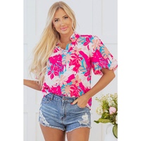 Rose Tropical Plant Printed V Neck Puff Sleeve Blouse - L thumbnail