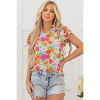Yellow Floral Print Shirred Tiered Ruffled Sleeve Blouse - L thumbnail