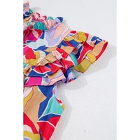 Pink Abstract Printed Ruffled Flutter Sleeve Tied Split V Neck Blouse - L thumbnail