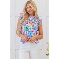 Light Blue Geometric Printed Flutter Sleeve Mock Neck Shirred Blouse - L thumbnail
