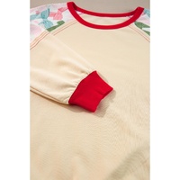 Beige Bowknot Printed Patchwork Raglan Sleeve Colorblock Edge Top - L thumbnail