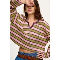 Spinach Green Clashing Stripes Waffle Texture Notched Neck Long Sleeve Top - L thumbnail