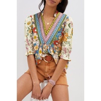 Multicolour Crochet V Neck Half Sleeve Boho Floral Blouse - L thumbnail
