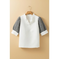 Azura Exchange White Geometric Textured Short Sleeve Frilly V Neck Blouse - L thumbnail