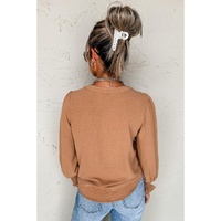 Straw Yellow Solid Color Shirred Cuff Notch V Neck Blouse - L thumbnail