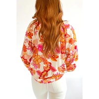 Orange Floral Print Pearl Button Keyhole Long Puff Sleeve Blouse - L thumbnail