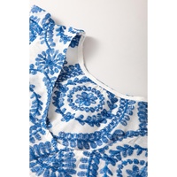 Blue Boho Print Flutter Sleeve Crew Neck Blouse - L thumbnail