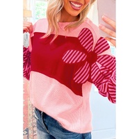 Pink Floral Patch Color Block Striped Sleeve Textured Top - M thumbnail