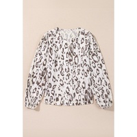 Khaki Leopard Print Split Neck Balloon Sleeve Blouse - L thumbnail