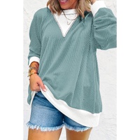 Light Blue Corded Colorblock Drop Shoulder Loose Top - S thumbnail