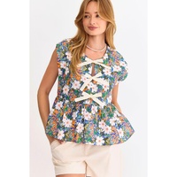 Green Floral Print Bow Applique Slit Sleeveless Peplum Blouse - XL thumbnail