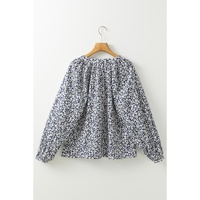 Blue Floral Print Notched V Neck Puff Sleeve Blouse - L thumbnail