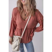 Mineral Red Solid Color Textured Frilled Trim V Neck Puff Sleeve Blouse - M thumbnail