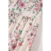 Pink Floral Print Pleated U Neck Loose Fit Blouse - L thumbnail
