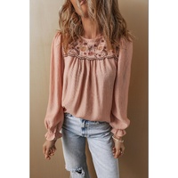 Gossamer Pink Floral Embroidered Textured Flounce Sleeve Elegant Blouse - L thumbnail