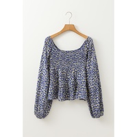 Blue Boho Floral Print Smocked Square Neck Loose Fit Blouse - L thumbnail