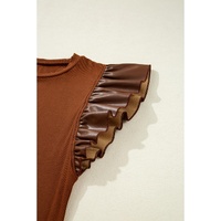 Cinnamon Leather Ruffle Sleeve Patchwork Round Neck Blouse - L thumbnail