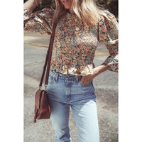 Yellow Floral Print Smocked Bubble Sleeve Ruffled Crop Top - L thumbnail