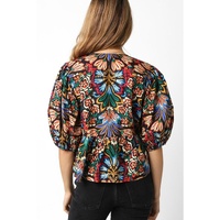 Black Tropical Print Bubble Sleeve Knot Front Blouse - M thumbnail