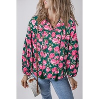 Green Floral Printed Tied Collar Puff Sleeve Blouse - L thumbnail
