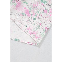 Pink Floral Print Shirred Balloon Sleeve Keyhole Back Babydoll Blouse - L thumbnail