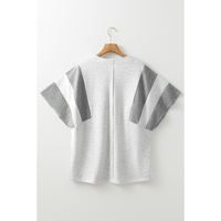 Light Grey Two Tone Contrast Waffle Knit Patched Buttoned V Neck Top - L thumbnail