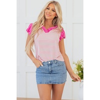 Pink Stripe Ruffled V Neck Cap Puff Sleeve Top - L thumbnail