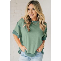 Smoke Green Half Sleeve Raw Seam High Low Side Split Top - L thumbnail