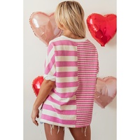 Pink Stripe Patchwork Textured Short Sleeve High Low Loose Top - L thumbnail