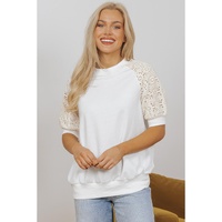 White Lace Crochet Short Sleeve Round Neck T Shirt - L thumbnail