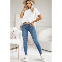 White Eyelet Pattern Boat Neck Casual Tee - L thumbnail