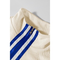 Beige Preppy Striped Trim Textured Quarter Zipper Colorblock Short Sleeve Top - L thumbnail