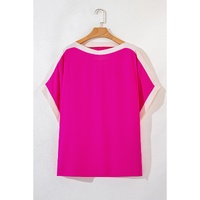 Rose Red Oversized Color Block Boat Neck Tunic Blouse - L thumbnail