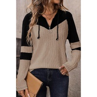 Parchment Textured Colorblock Long Sleeve Quarter Zip Drawstring Hooded Top - S thumbnail