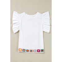 White Floral Crochet Patched Ruffled Sleeve Crewneck Blouse - L thumbnail