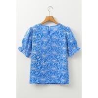 Sky Blue Eyelet Flower Embroidery Frilled Short Puff Sleeve Blouse - L thumbnail