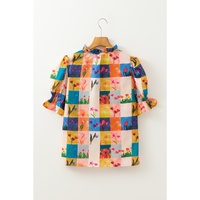 Multicolour Floral Checker Print Ruffled Short Puff Sleeve Blouse - S thumbnail